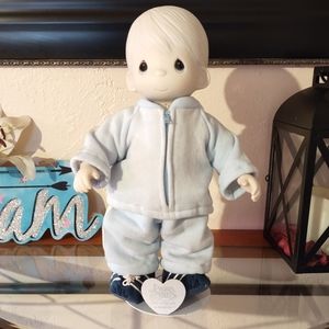 Vintage 1984 Precious Moments Mikey Porcelain Doll 13" Tall Collectible on Blue.
